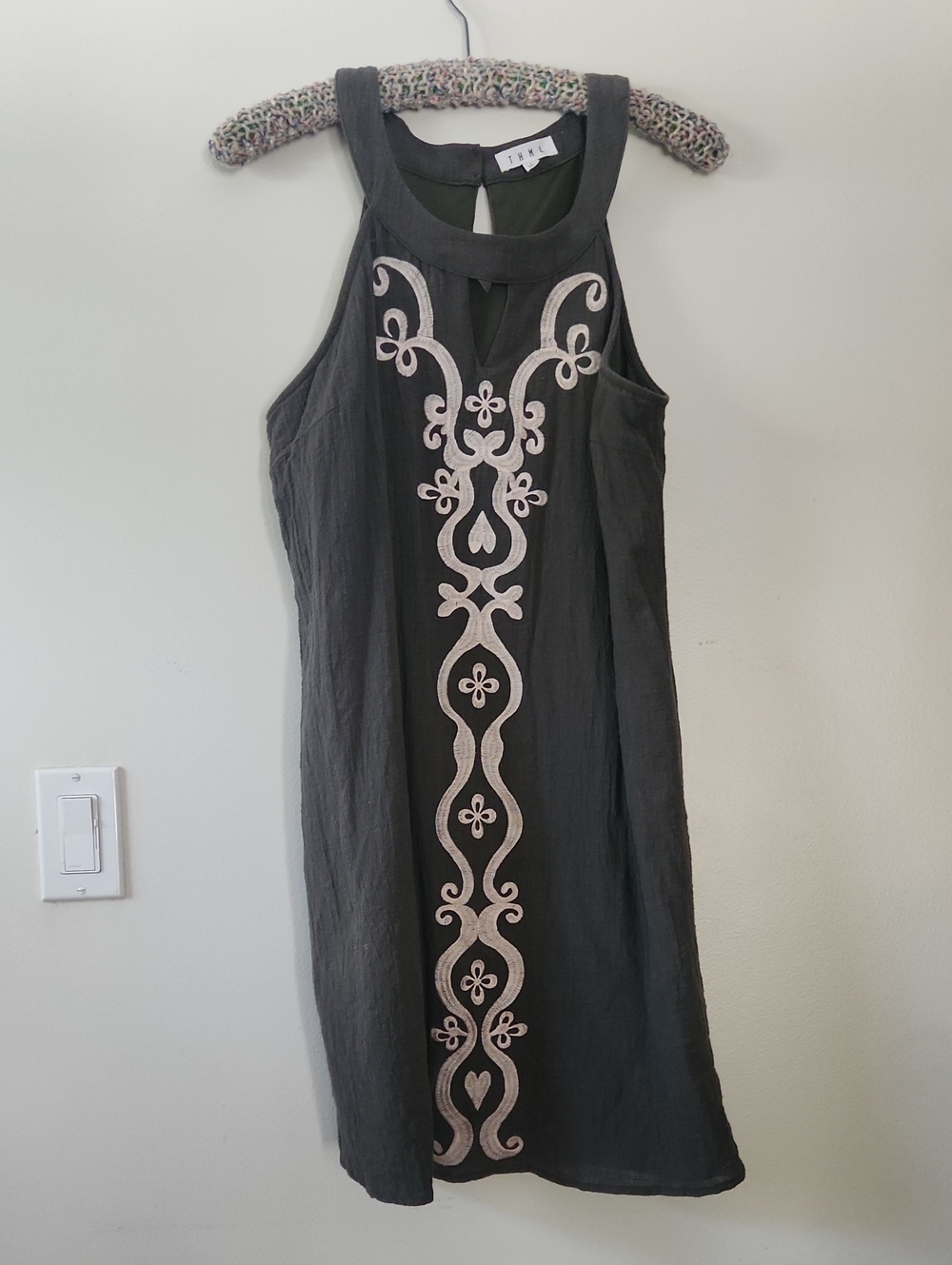 THML Green Mini Dress with Cream Center Embroidery